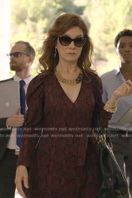 Lorna's red snake print dress on Dead to Me