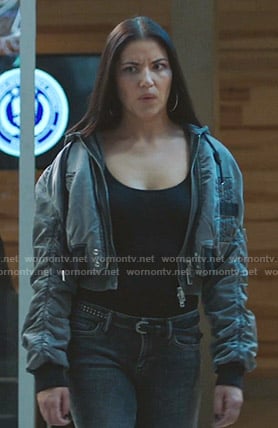 Tina's grey cropped bomber jacket on Whiskey Cavalier