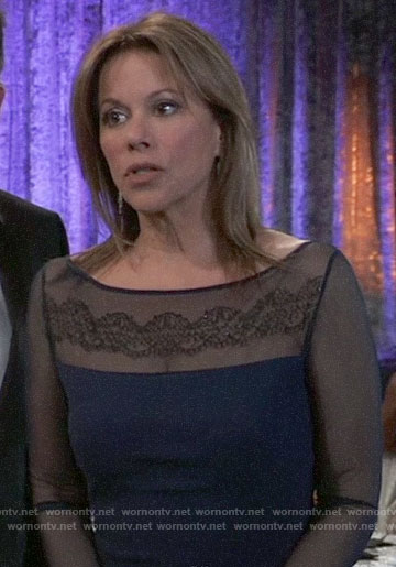 Alexis's navy embroidered mesh sleeve gown at the Nurse's Ball on General Hospital