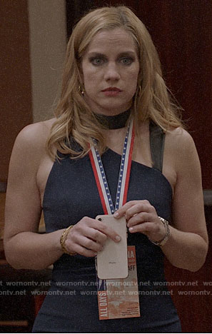 Amy's navy asymmetric dress with leather neck on Veep