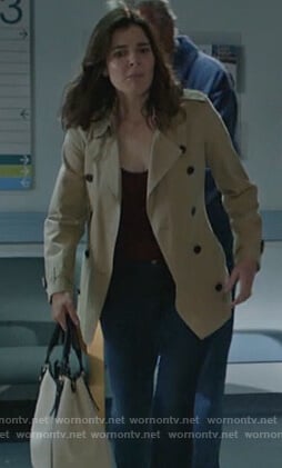 Heather's beige short trench coat on Life in Pieces