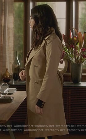 Mona's beige lace-up back coat on Pretty Little Liars The Perfectionists