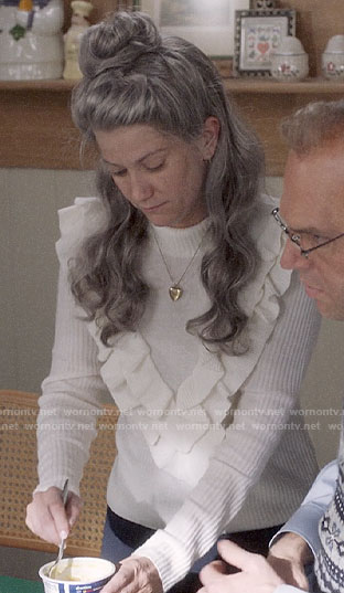 Beth's white ruffled front sweater on Veep