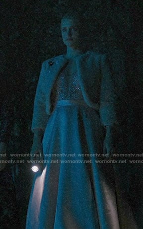 Betty's pink embellished gown and cropped fur jacket on Riverdale