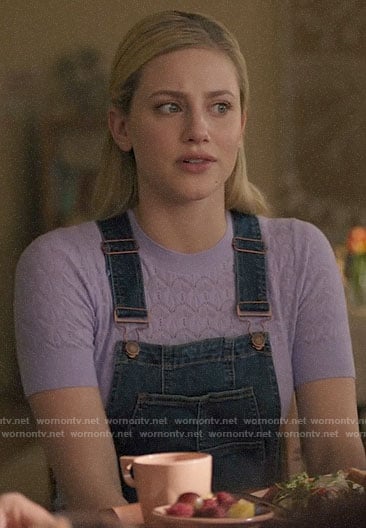 Betty's purple pointelle sweater and denim overalls on Riverdale