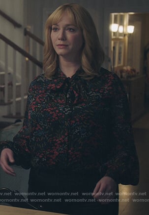 Beth's black floral tie neck blouse on Good Girls