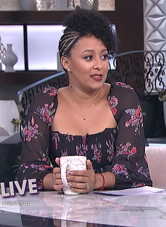 Tamera's black floral top and asymmetric skirt on The Real