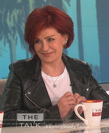 Sharon's black leather moto jacket on The Talk