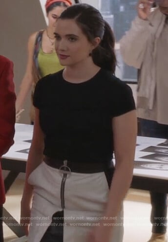 Jane's black ruffle tee and leather skirt on The Bold Type