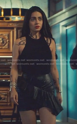 Isabelle's black leather ruffled mini skirt on Shadowhunters