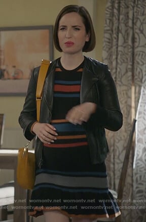 Jen's black stripped maternity dress on Life in Pieces