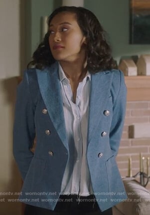 Caitlin's blue double breasted blazer and striped shirt on Pretty Little Liars The Perfectionists