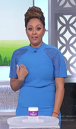 Tamera's blue mesh sleeve dress on The Real