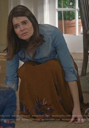 Heather's brown floral embroidered skirt on Life in Pieces