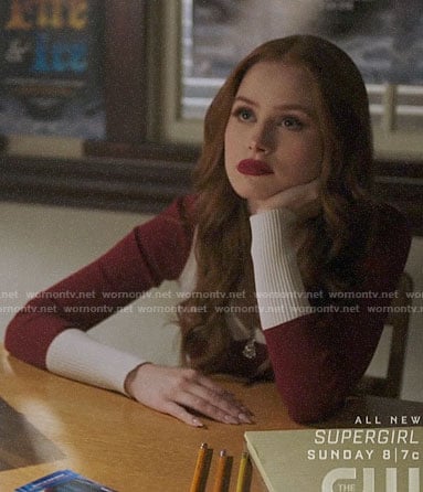 Cheryl's red colorblock zip neck sweater on Riverdale