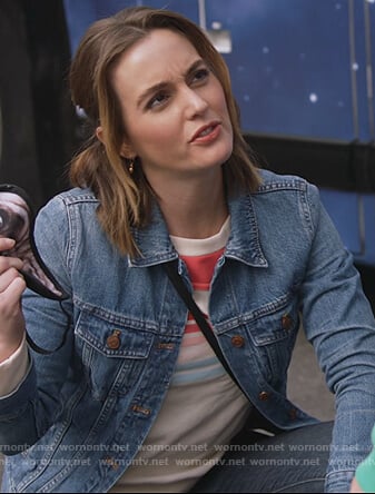 Angie's striped sweatshirt and denim jacket on Single Parents
