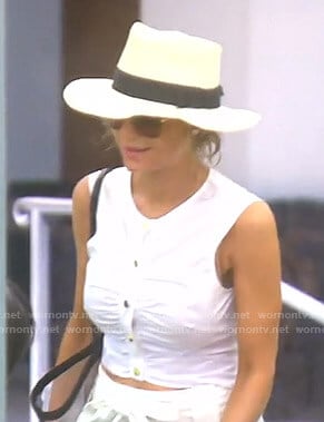 Dorit's white gathered cropped top on The Real Housewives of Beverly Hills