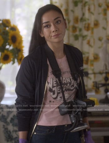 Ella's pink We Want Jetpacks tee on Lucifer