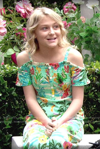Faith's green floral cold-shoulder jumpsuit on The Young and the Restless