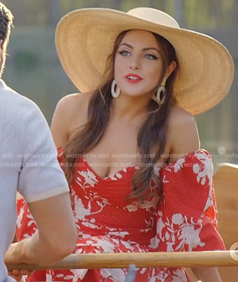 Fallon's red floral off-shoulder dress on Dynasty