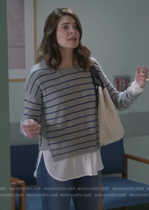 Heather's gray striped layered sweater on Life in Pieces