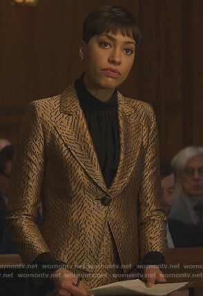 Lucca's metallic blazer and skirt on The Good Fight