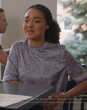 Kat's blue printed top on The Bold Type