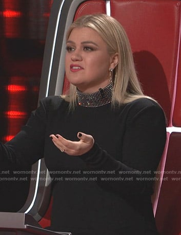 Kelly Clarkson's black embellished neck dress on The Voice