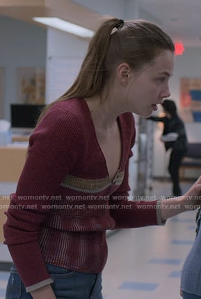 Kelly's red ribbed v-neck top on The Society