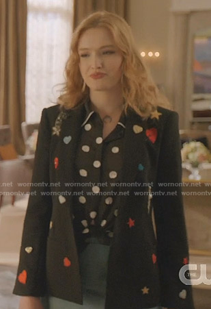 Kirby's black embellished patch blazer and polka dot blouse on Dynasty