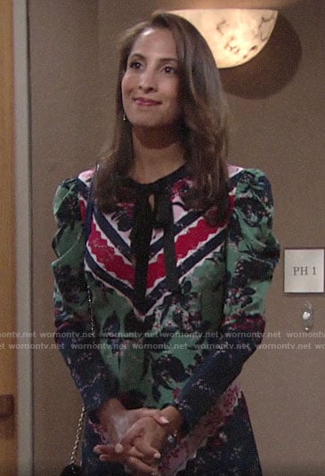 Lily's mixed print tie-neck dress on The Young and the Restless