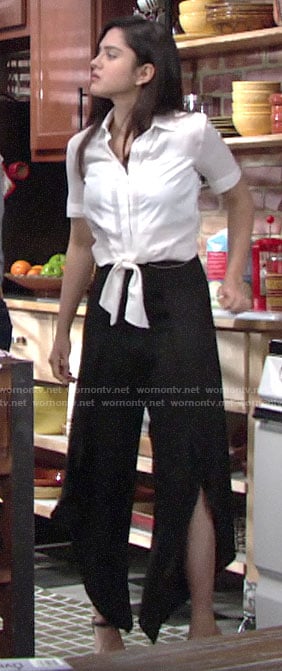 Lola's white tie front shirt and black split front pants on The Young and the Restless
