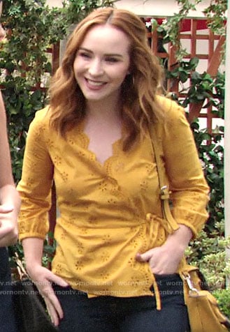 Mariah's yellow eyelet wrap top on The Young and the Restless