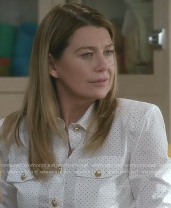 Meredith's white dotted blouse with gold buttons on Grey's Anatomy
