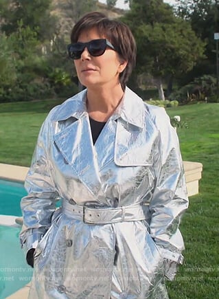 Kim's metallic foil trench coat on Keeping Up with the Kardashians