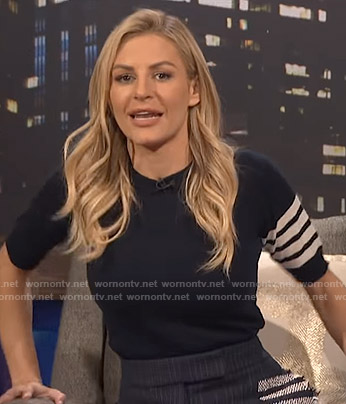 Morgan's navy stripe sleeve sweater and skirt on E! News Nightly Pop