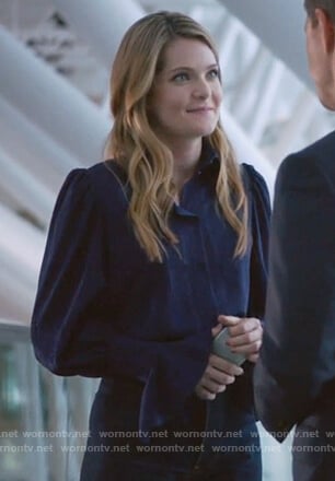 Sutton's blue puff sleeve shirt on The Bold Type