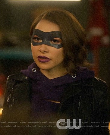 Nora's purple cutout hoodie and leather jacket on The Flash