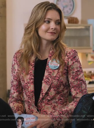 Sutton's pink floral jacquard blazer on The Bold Type