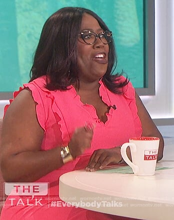 Sheryl's pink ruffle trim dress on The Talk