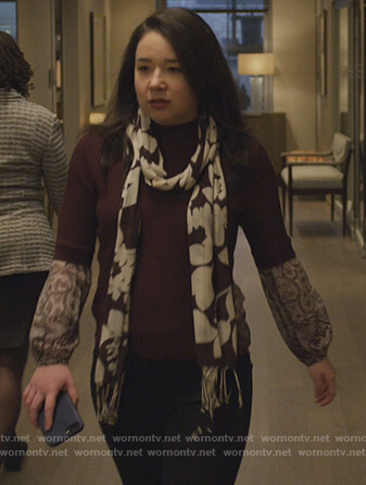 Marissa's red printed cuffs sweater on The Good Fight