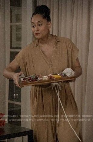 Bow's beige jumpsuit with rope belt on Black-ish