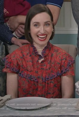 Jen's red floral eyelet top on Life in Pieces