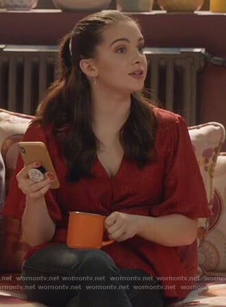 Jane's red leopard wrap top on The Bold Type