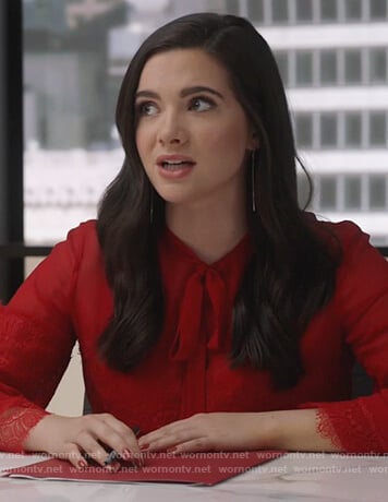 Jane's red lace tie neck blouse on The Bold Type