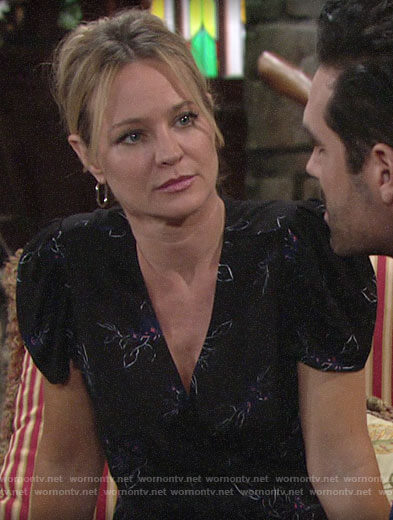 Sharon's black floral wrap top on The Young and the Restless