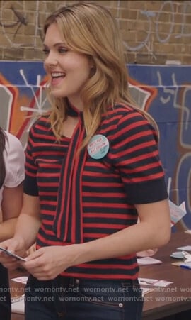 Sutton's striped tie neck tee on The Bold Type