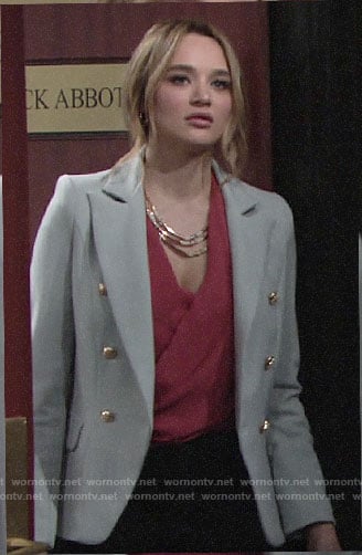 Summer's pink wrap blouse and grey blazer on The Young and the Restless