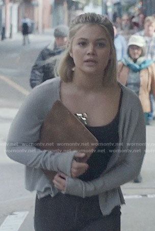 Tandy's grey textured cardigan on Cloak and Dagger