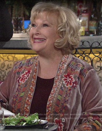 Traci's floral embroidered velvet cardigan on The Young and the Restless
